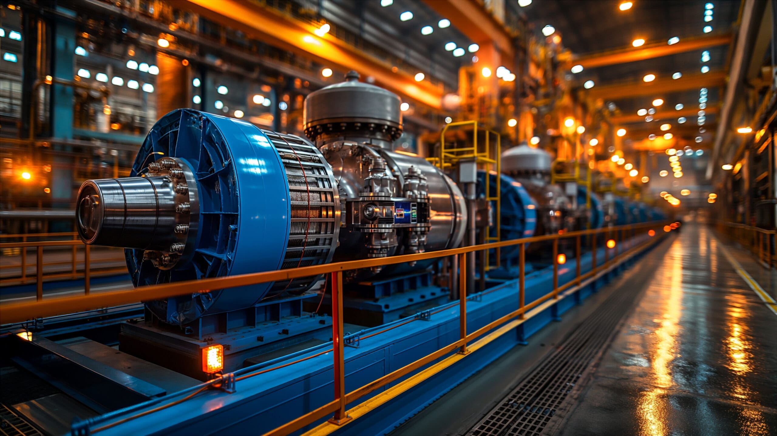 Industrial machinery lined up in a modern manufacturing facility. Generative AI